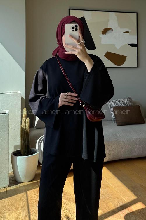 Black Crew Neck Long Arm Without Accessories Regular Trousers Suit