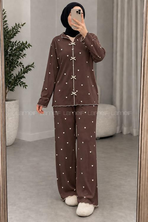 Lamelif Kahverengi Kalp Desenli Fiyonk Detaylı Pijama Takımı
