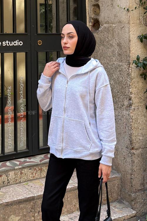 Lamelif Kapüşonlu Cep Detaylı Sweatshirt Hırka Fermuarlı Gri