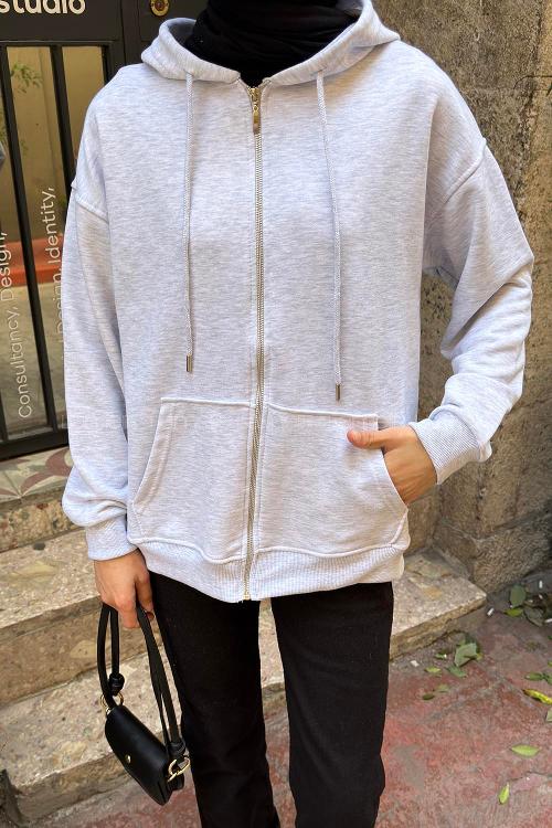 Lamelif Kapüşonlu Cep Detaylı Sweatshirt Hırka Fermuarlı Gri