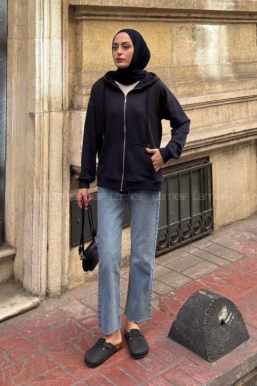 Lamelif Kapüşonlu Cep Detaylı Sweatshirt Hırka Fermuarlı Lacivert