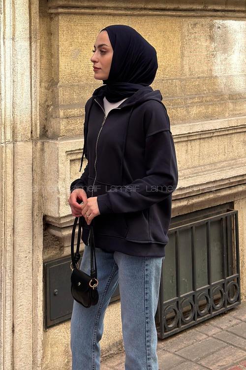 Lamelif Kapüşonlu Cep Detaylı Sweatshirt Hırka Fermuarlı Lacivert
