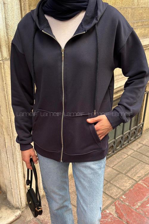 Lamelif Kapüşonlu Cep Detaylı Sweatshirt Hırka Fermuarlı Lacivert