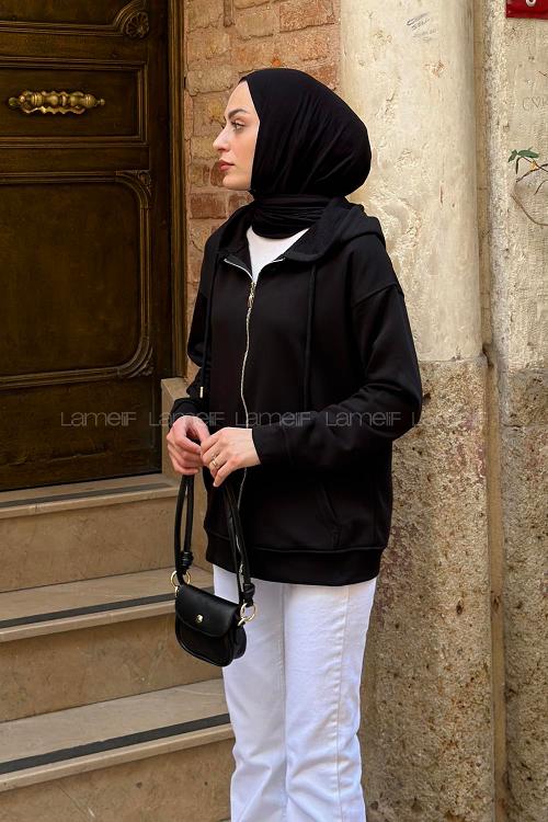 Lamelif Kapüşonlu Cep Detaylı Sweatshirt Hırka Fermuarlı Siyah