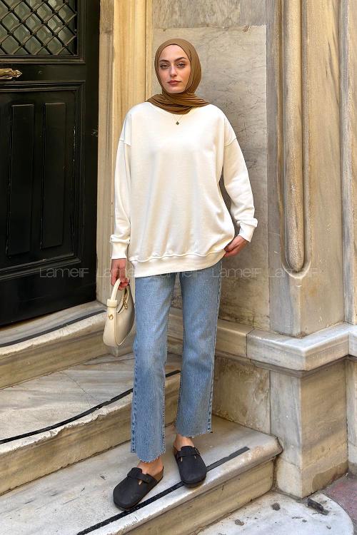 Lamelif Oversize Sweatshirt Beyaz