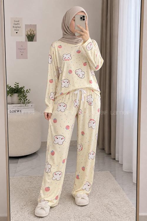 Lamelif Şeftali Ayıcık Detaylı Pijama Takımı