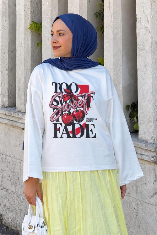 Lamelif Basic Oversize Cherry Sweet Baskılı Bluz Beyaz