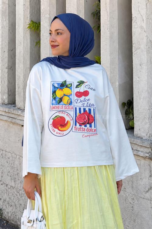 Lamelif Basic Oversize Dolce Vita Meyve Baskılı Bluz Beyaz