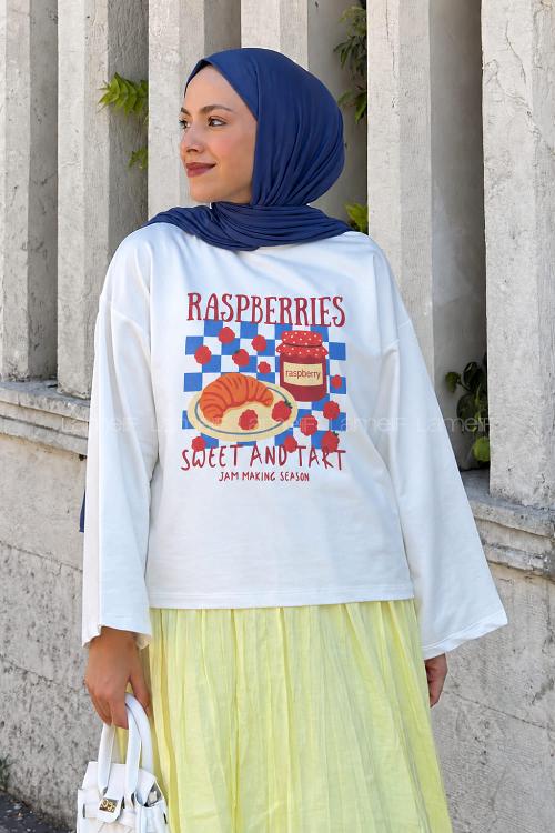 Lamelif Basic Oversize Raspberry Picnic Baskılı Bluz Beyaz