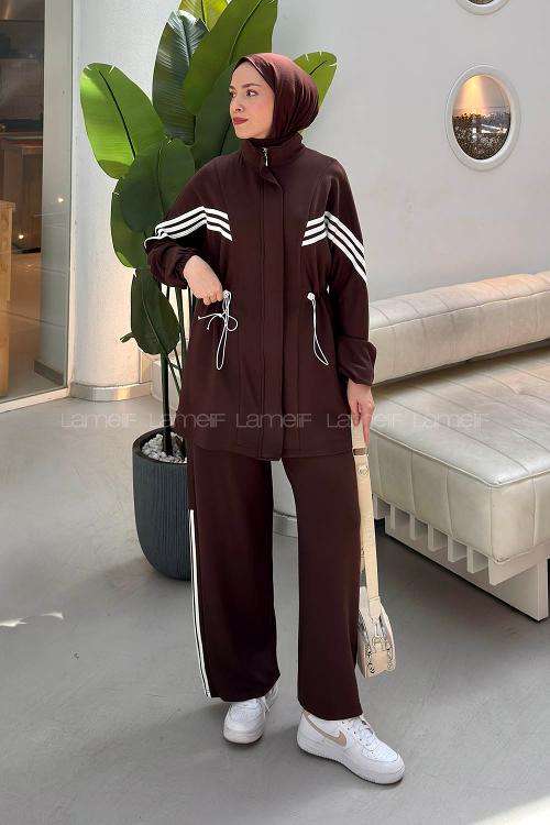 Lamelif Casual Çizgi Detaylı Eşortman Takım Kahverengi