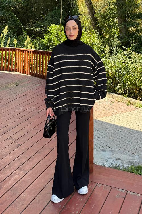 Lamelif Çizgili Triko Kazak Siyah