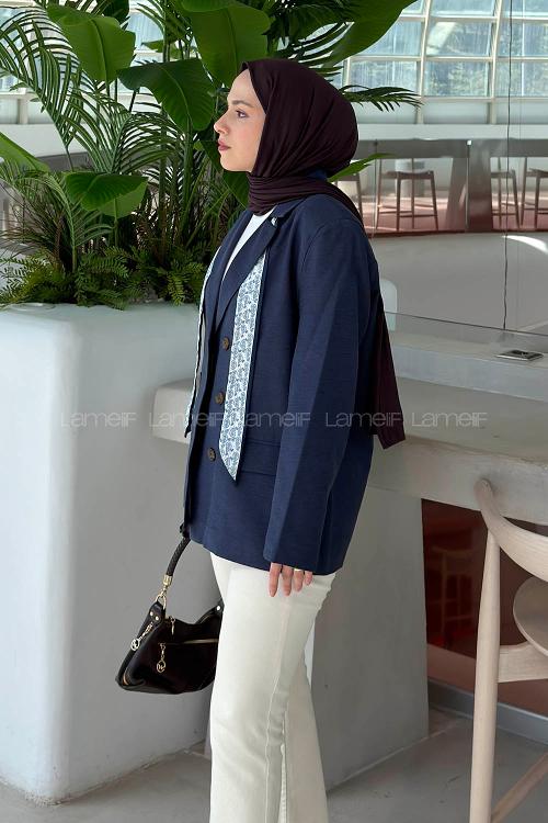 Lamelif Fular Detaylı Keten Blazer Ceket Lacivert