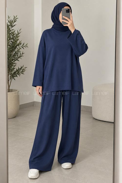 Navy Blue Crew Neck Long Arm Without Accessories Regular Trousers Suit
