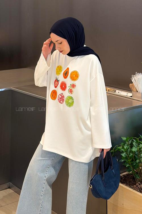 Lamelif Basic Oysho Kumaş Karışık Meyve Baskılı Tunik Beyaz