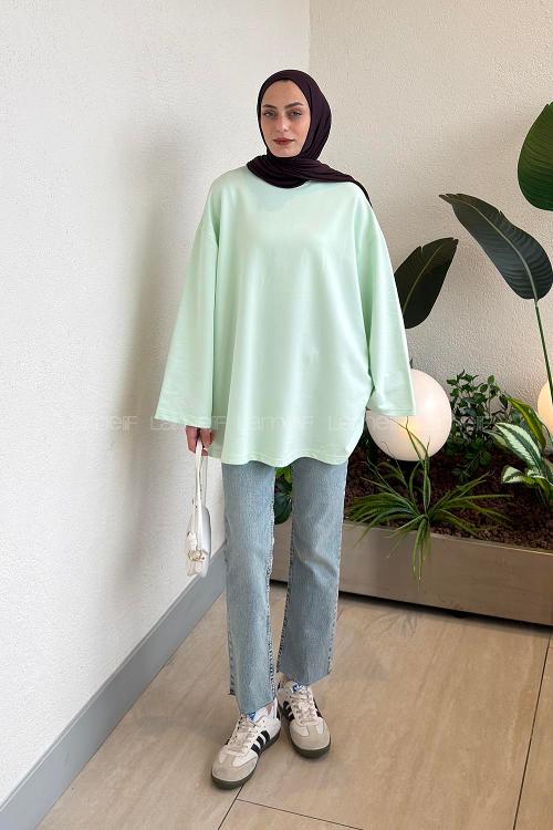 Lamelif Bisiklet Yaka İki İplik Sweat Mint Yeşili