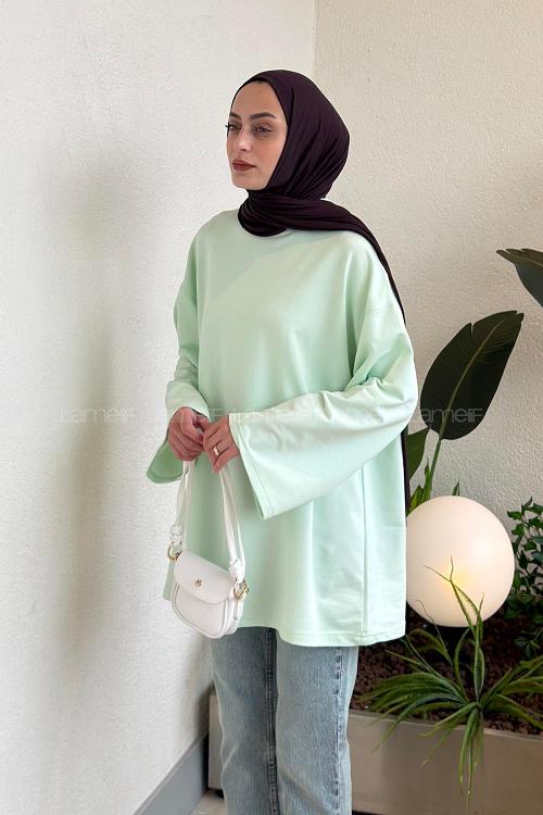 Lamelif Bisiklet Yaka İki İplik Sweat Mint Yeşili