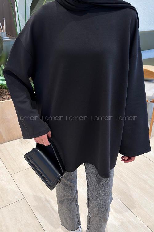 Lamelif Bisiklet Yaka İki İplik Sweat Siyah