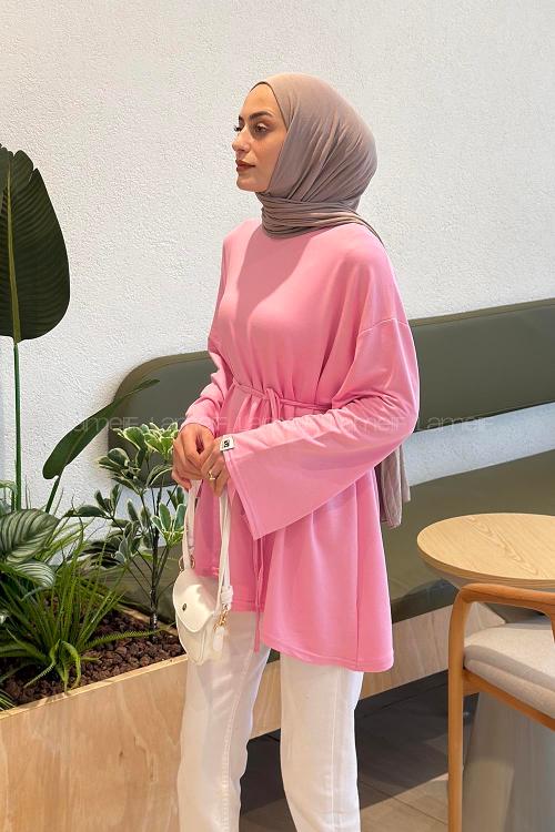 Pink Crew Neck Viscose Fabric Unprinted Tunic