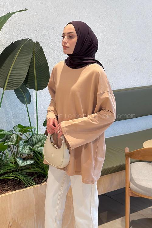 Lamelif Oversize İki İplik Sweat Sütlü Kahve