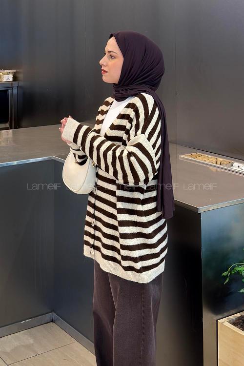Lamelif V yaka Çizgili Yumoş Hırka Kahverengi
