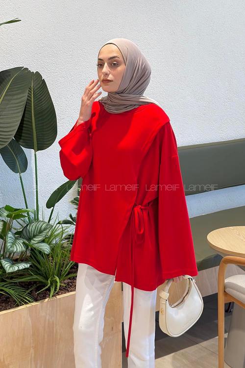 Lamelif Yan Biye Bağlamalı Tunik Kırmızı