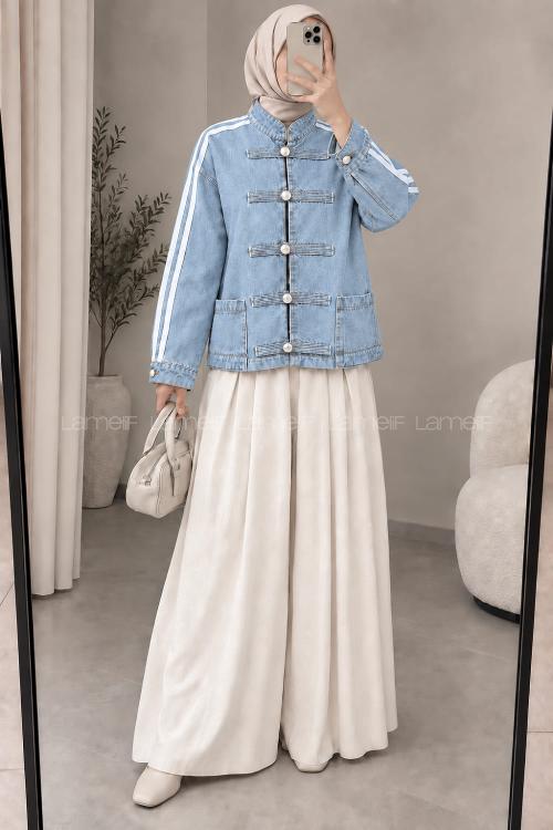 Lamelif Şerit Detaylı Birit Düğmeli Denim Ceket Buz Mavisi