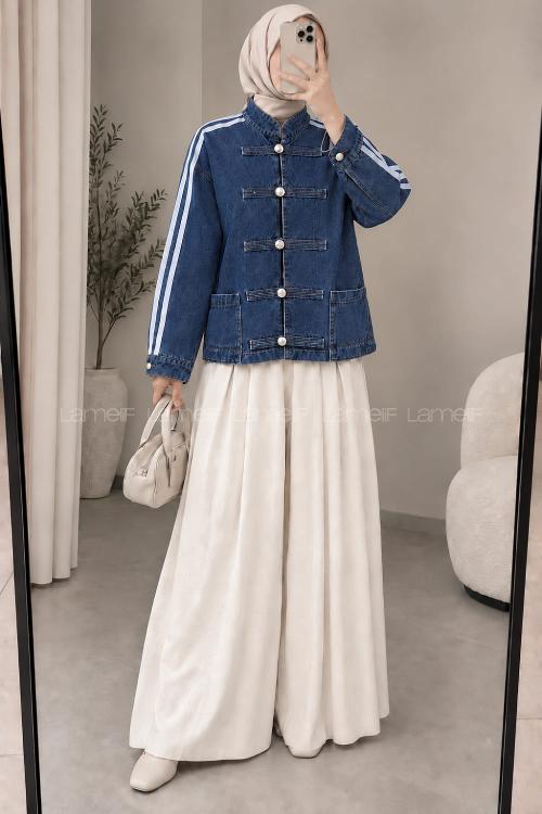 Lamelif Şerit Detaylı Birit Düğmeli Denim Ceket Koyu Mavi