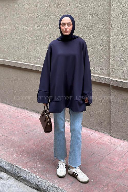 Navy Blue Crew Neck Unprinted Tunic