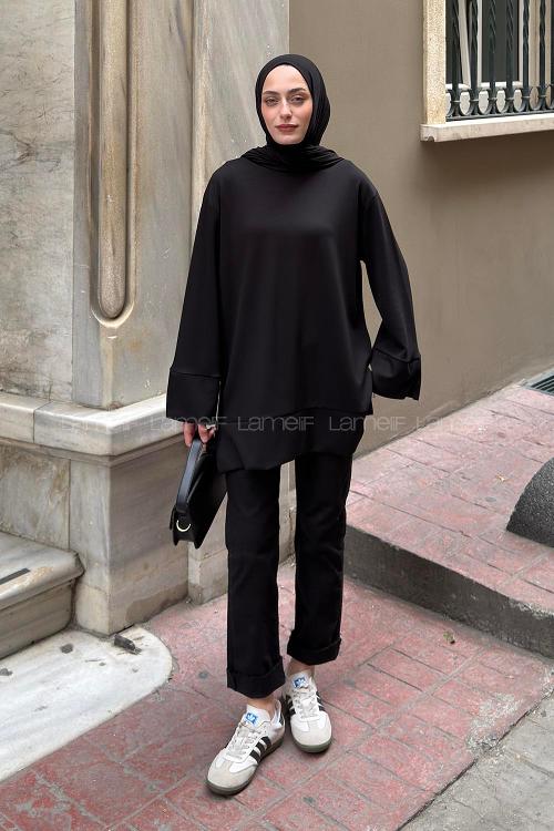 Black Crew Neck Unprinted Tunic