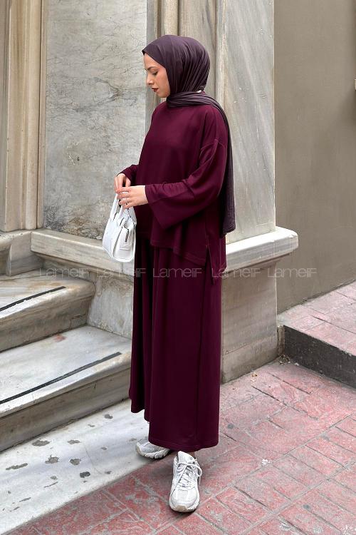 Lamelif Bisiklet Yaka Basic İkili Takım Mürdüm