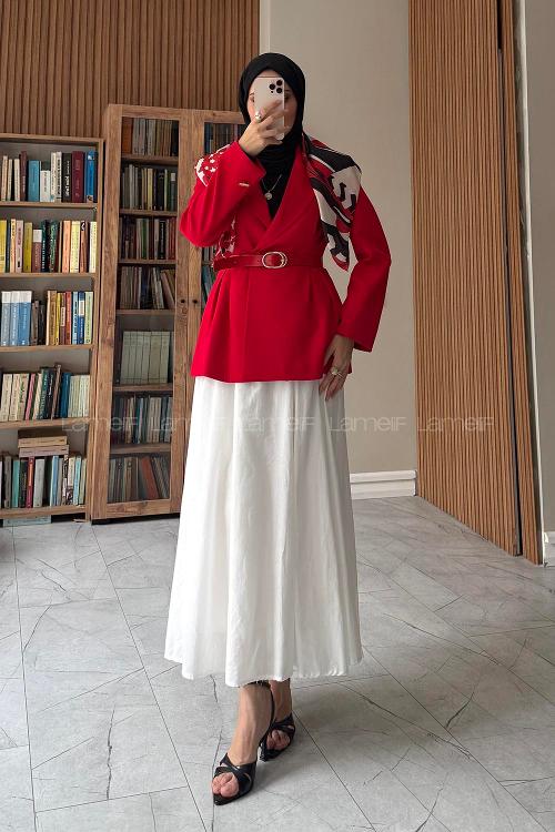 Lamelif Fular Detaylı Pileli Blazer Ceket Kırmızı