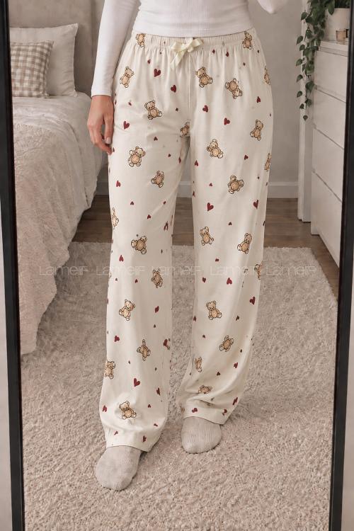 Lamelif Milan Kumaş Ayıcık-Kalp Desenli Pijama Altı
