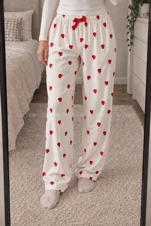 Lamelif Milan Kumaş Beyaz-Kırmızı Kalp Desenli Pijama Altı