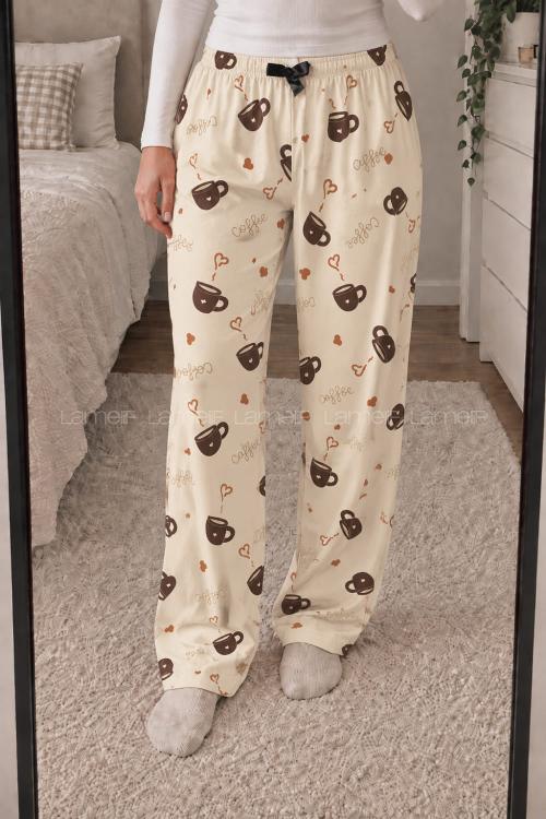 Lamelif Milan Kumaş  Kahve  Coffee  Cup Desenli Pijama Altı