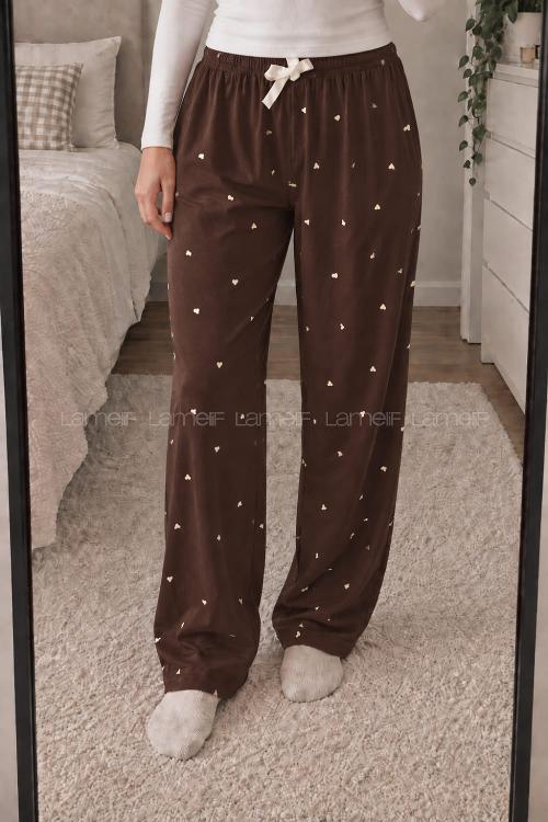 Lamelif Milan Kumaş Kahve Krem Kalp Desenli Pijama Altı