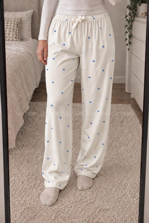 Lamelif Milan Kumaş Mavi Kalp Desenli Pijama Altı