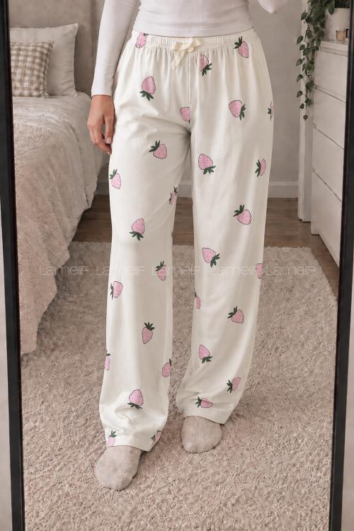 Lamelif Milan Kumaş Pembe Çilek Desenli Pijama Altı