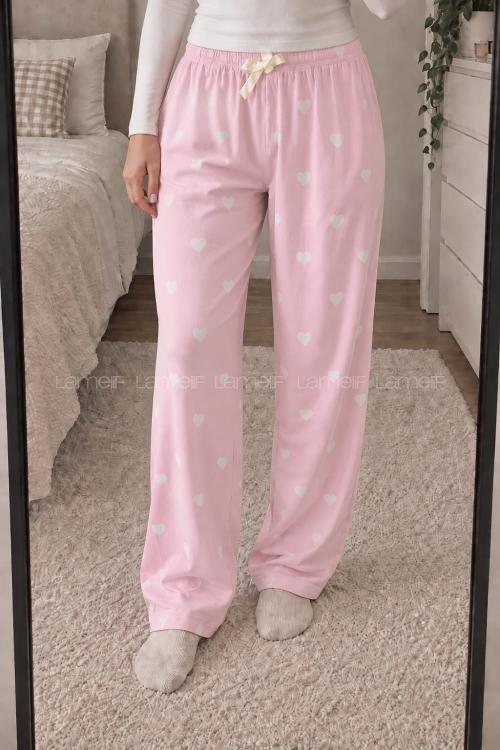 Lamelif Milan Kumaş Pembe Ekru Kalp Desenli Pijama Altı