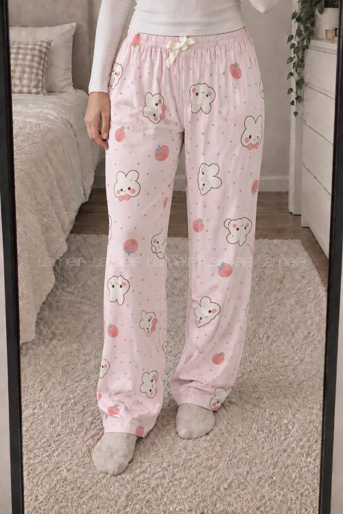 Lamelif Milan Kumaş Pembe Tavşan Desenli Pijama Altı