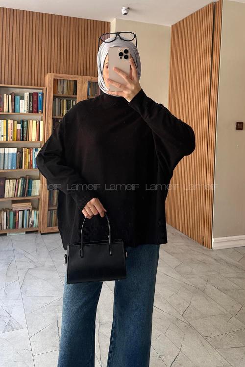 Lamelif Dik Yaka Yarasa Kol Triko Kazak Siyah