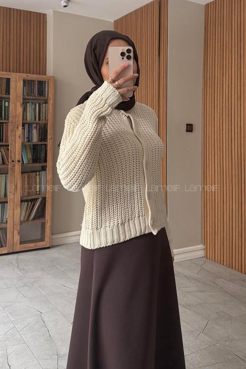 Lamelif Selanik Örgü Hırka Ekru