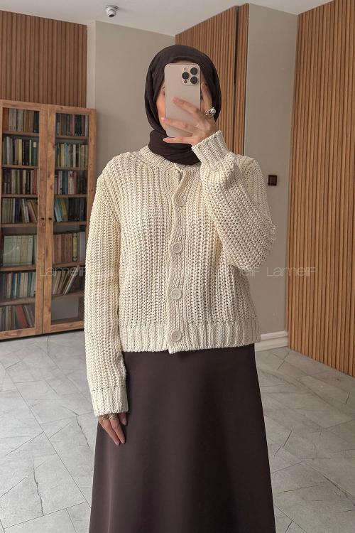 Lamelif Selanik Örgü Hırka Ekru