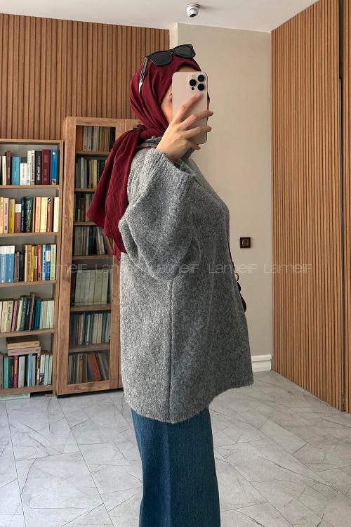 Lamelif Yarasa Kol Yün Triko Kazak Gri