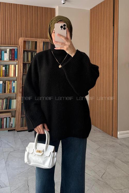 Black Turtle Neck Bat Sleeve Arm Jumper