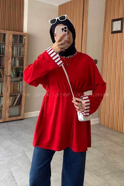 Lamelif Garnili Bağlama Detaylı Tunik Kırmızı