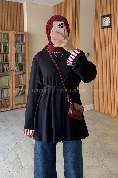 Lamelif Garnili Bağlama Detaylı Tunik Lacivert