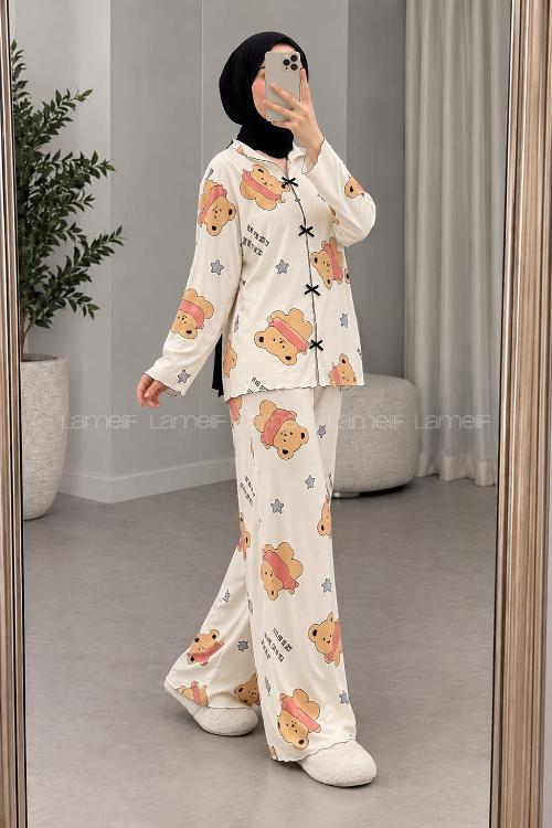 Lamelif Ayıcık-Yıldız Desenli Fiyonk Detaylı Pijama Takımı