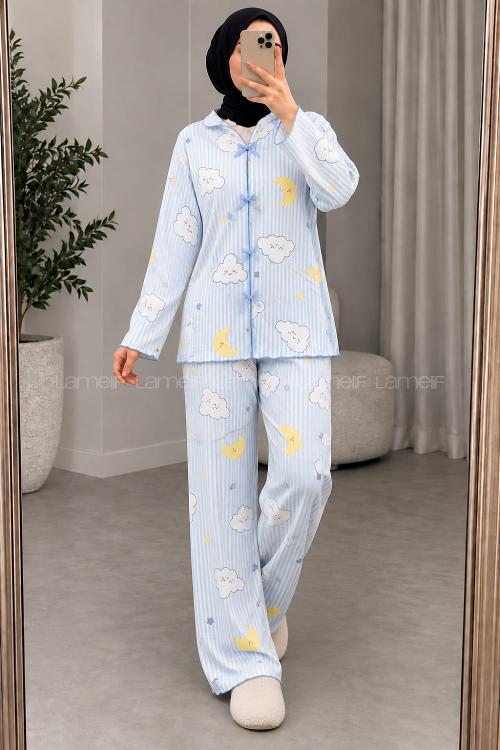 Lamelif Bulut Desenli Fiyonk Detaylı Pijama Takımı