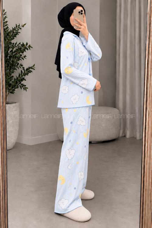 Lamelif Bulut Desenli Fiyonk Detaylı Pijama Takımı