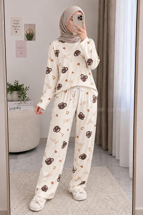 Cream-6 Crew Neck Long Arm Without Accessories Combed Fabric Regular Trousers Comfortable Pyjamas